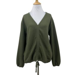 Max Studio Sweater Womens M Green Waffle Knit V Neck Drawstring Cinched Waist
